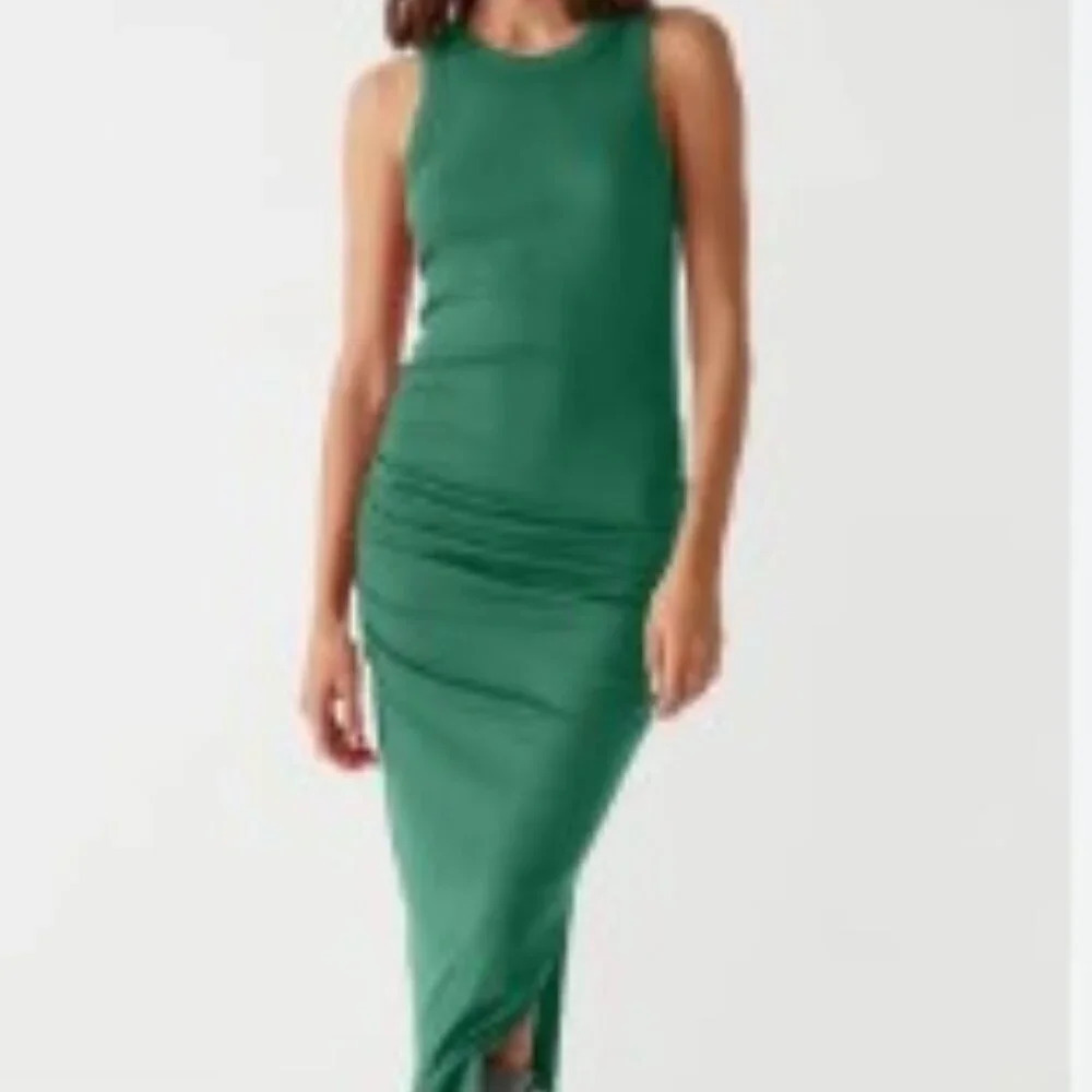 Sleeveless Green Ruched Midi Dress